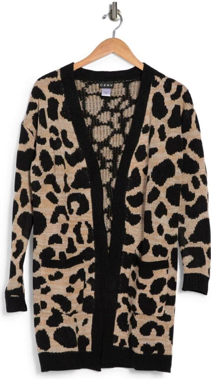 Ceny Black & Oatmeal Open Front Cardigan Small NWT Animal Print Leopard Sweater